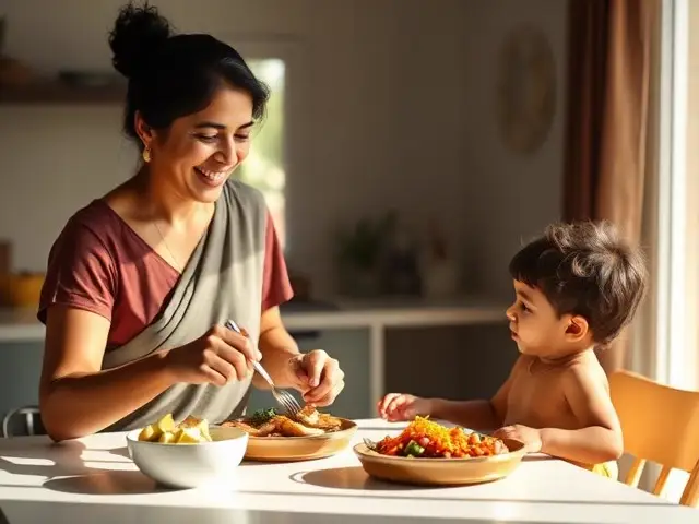 Indian mother serving a healthy home-cooked meal to her child