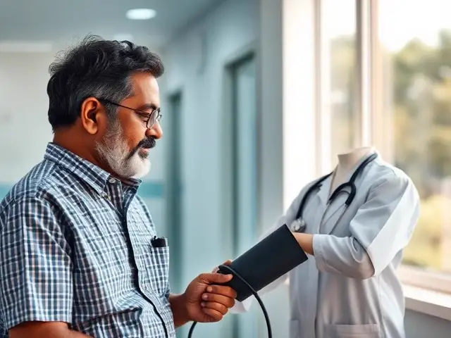 Indian man having his blood pressure checked by a nurse in a clinic