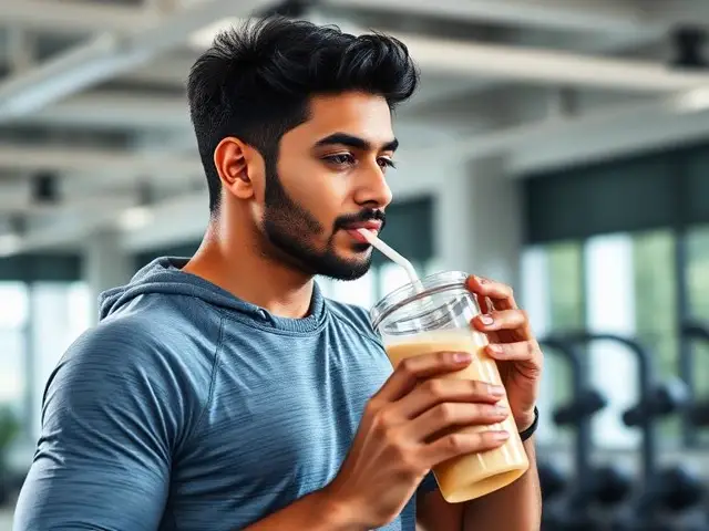 Young Indian athlete drinking a protein shake after training in a gym